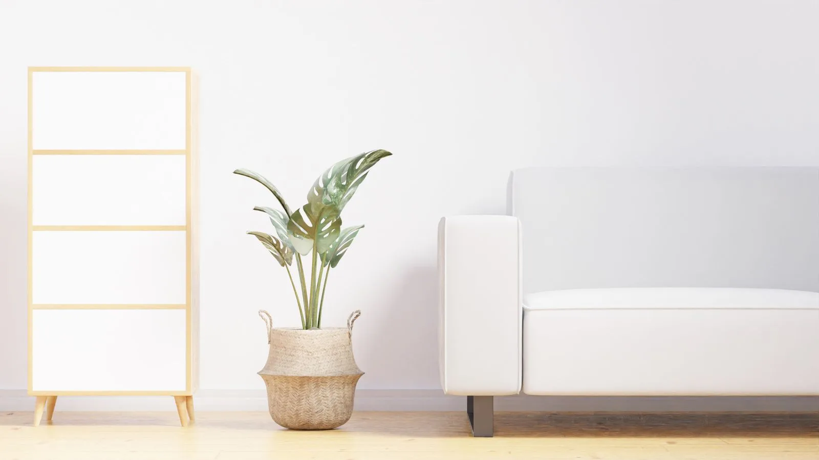 Salon minimaliste blanc avec canapé clair, meuble en bois naturel et plante verte dans panier, espace idéal pour introduire des textiles brodés colorés