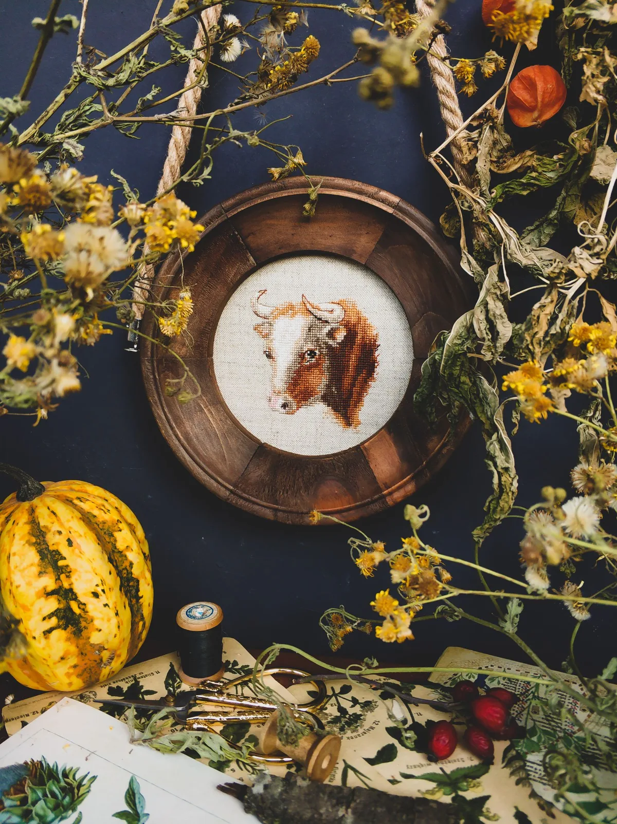 Broderie au point de croix encadrée représentant une tête de vache, entourée de citrouilles, fleurs séchées et accessoires de couture sur fond bleu nuit