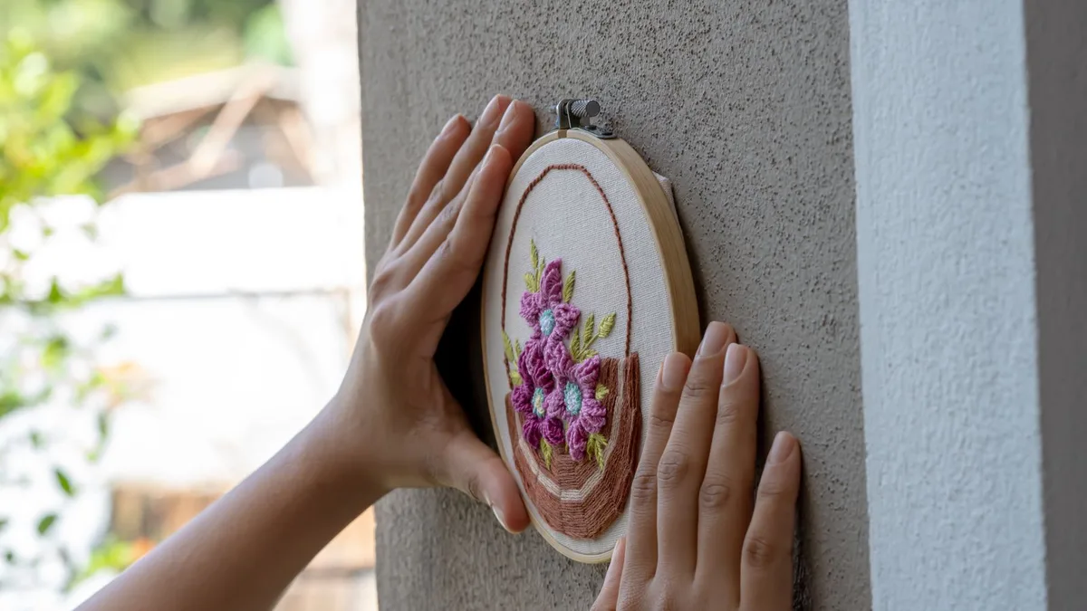 Mains accrochant un cerceau brodé floral au mur — cadeau brodé fait main installé dans l'intérieur du destinataire
