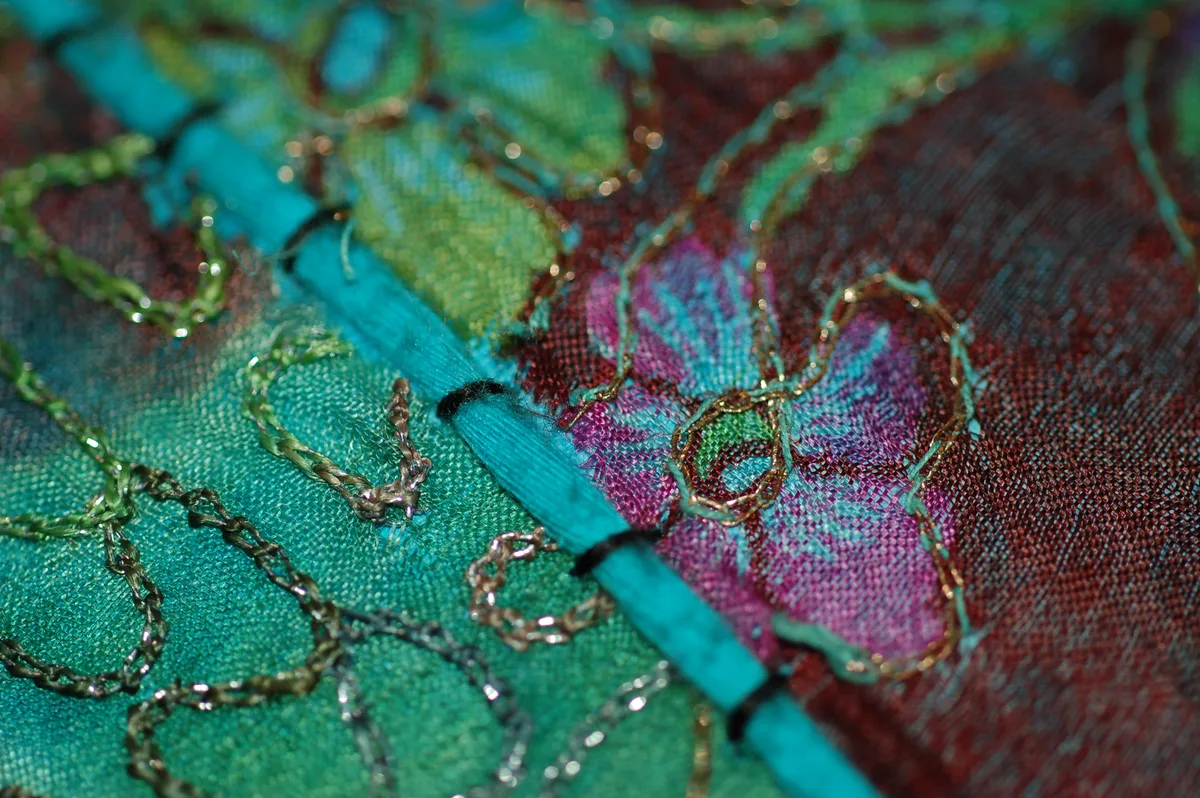 Détail gros plan d'une broderie colorée avec fils métalliques et nuances de turquoise