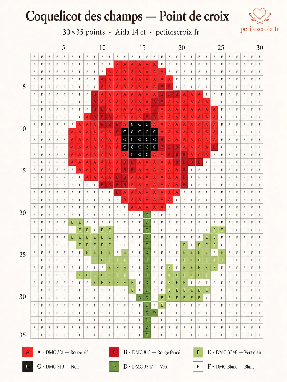 Grille point de croix coquelicot des champs — 30×35 points, 6 couleurs DMC