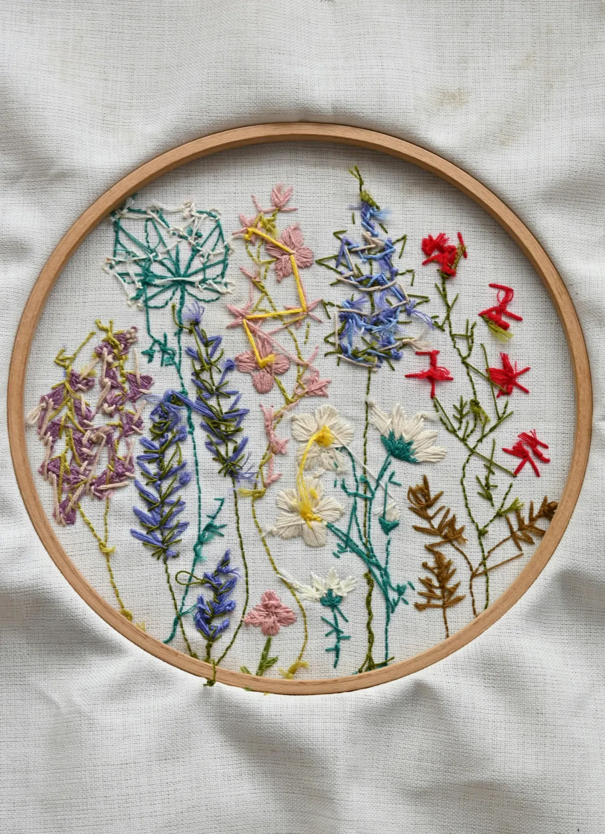 Cerceau brodé avec motifs floraux champêtres colorés — inspiration pour composition de diptyque en hoop art